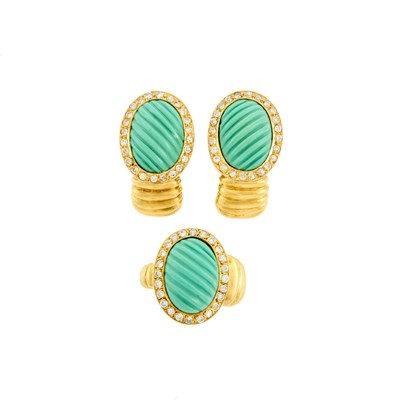 Lot 1179 - Gold, Fluted Turquoise and Diamond Ring and Pair of Earclips