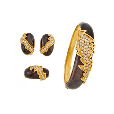 Lot 134 - H. Stern Gold, Wood and Diamond Bangle Bracelet, Pair of Earclips and Ring