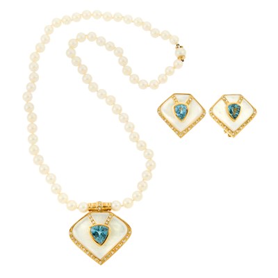 Lot 1169 - Cultured Pearl, Gold, Mother-of-Pearl, Blue Topaz and Diamond Pendant-Necklace and Pair of Earclips