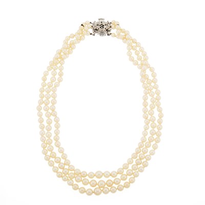 Lot 169 - Triple Strand Cultured Pearl Necklace with Low Karat White Gold and Diamond Clasp