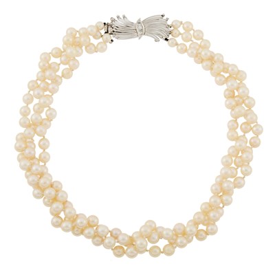 Lot 1225 - Triple Strand Cultured Pearl Necklace with Platinum and Diamond Clasp