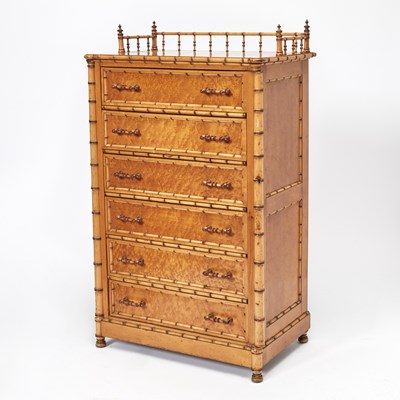 Lot 343 - American Aesthetic Movement Faux Bamboo Maple and Birdseye Maple Tall Chest of Drawers