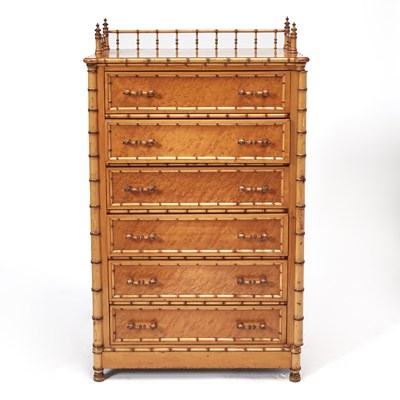 Lot 343 - American Aesthetic Movement Faux Bamboo Maple and Birdseye Maple Tall Chest of Drawers