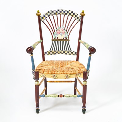 Lot 397 - MacKenzie-Childs Painted Flower Basket Rush Seat Armchair