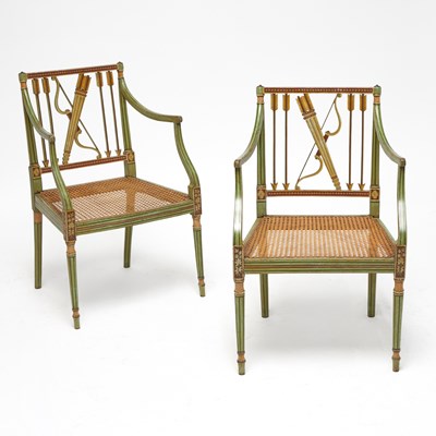 Lot 416 - Pair of George III Green Painted Caned Seat Armchairs