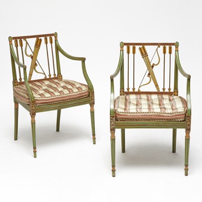 Lot 416 - Pair of George III Green Painted Caned Seat Armchairs