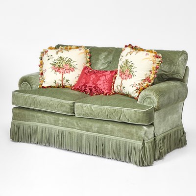 Lot 411 - Upholstered Fringed Love Seat and Three Throw Pillows