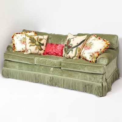 Lot 410 - Upholstered Fringed Sofa and Five Pillows