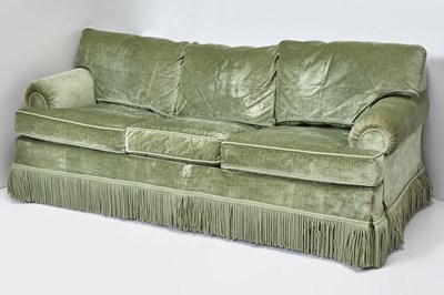 Lot 410 - Upholstered Fringed Sofa and Five Pillows