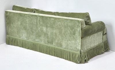 Lot 410 - Upholstered Fringed Sofa and Five Pillows