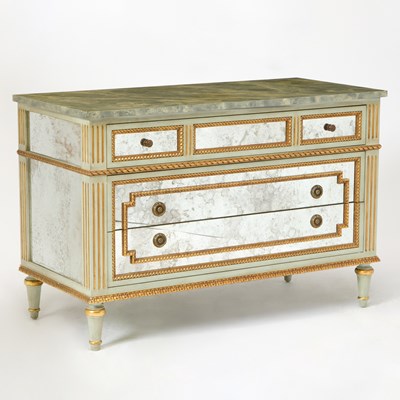 Lot 364 - Louis XVI Style Faux Marble Parcel-Gilt Mirrored Chest of Drawers