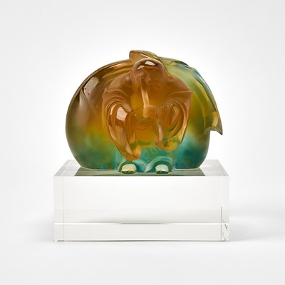 Lot 399 - Daum Amber and Green Pâte de Verre Figure of a Standing Buddha