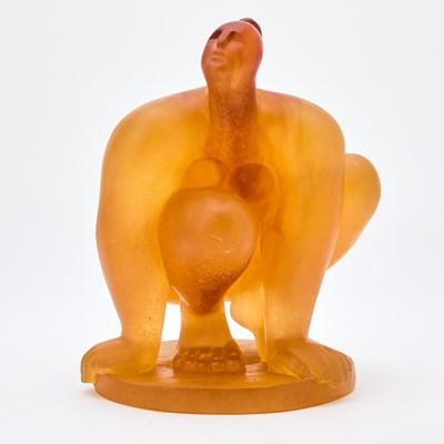 Lot 402 - Catherine Lorain for Daum Amber Pâte de Verre Figure of a Crouching Nude Woman Entitled "La Banista"