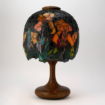 Lot 338 - Leaded Glass and Oak Table Lamp by Joseph Procelli Studios