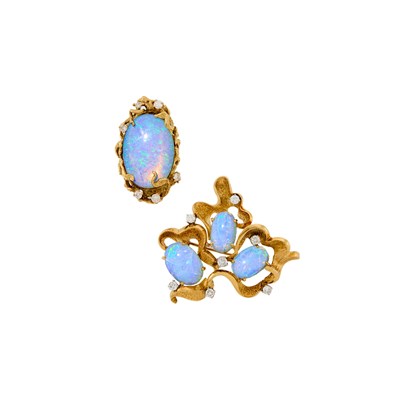 Lot 2059 - Gold, White Opal and Diamond Ring and Brooch