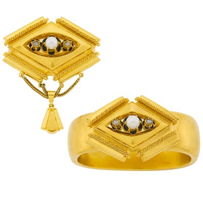 Lot 1192 - Antique Gold, Diamond and Split Pearl Bangle Bracelet and Brooch