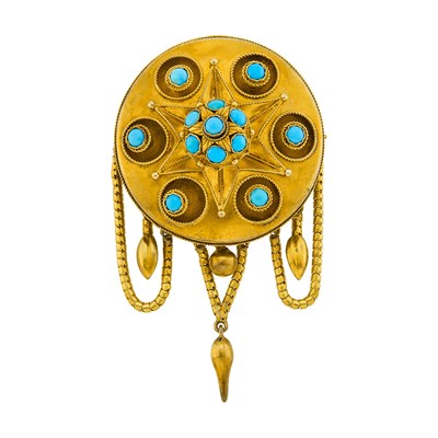 Lot 1187 - Archaeological Revival Gold and Turquoise Pendant-Brooch