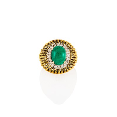 Lot 2061 - Two-Color Gold, Cabochon Emerald and Diamond Ring