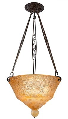 Lot 259 - Daum Art Deco Acid-Etched Molded Glass and Iron Chandelier