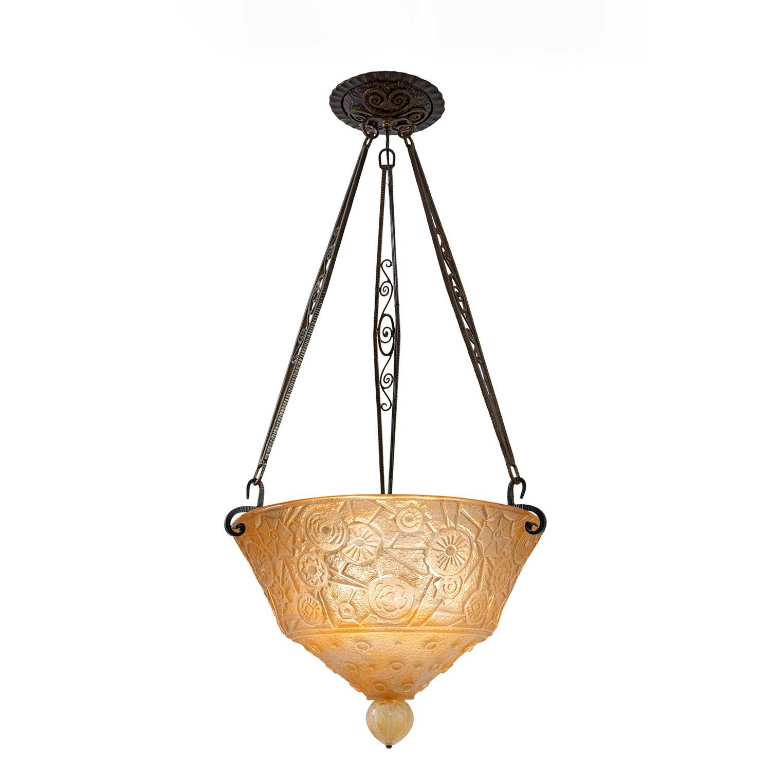 Lot 780 - Daum Art Deco Acid-Etched Molded Glass and Iron Chandelier