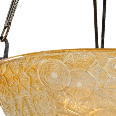 Lot 780 - Daum Art Deco Acid-Etched Molded Glass and Iron Chandelier