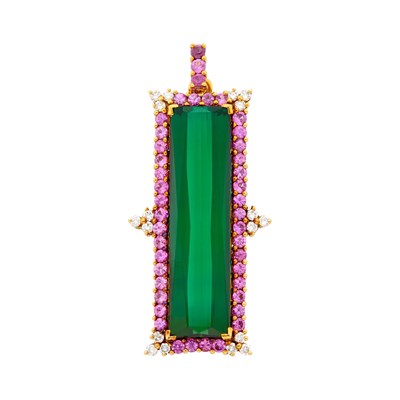 Lot 1034 - Laura Munder Gold, Chrome Tourmaline, Pink Sapphire and Diamond Pendant-Brooch