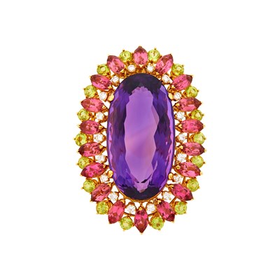 Lot 1048 - Gold, Amethyst, Diamond, Pink Tourmaline and Peridot Clip-Brooch