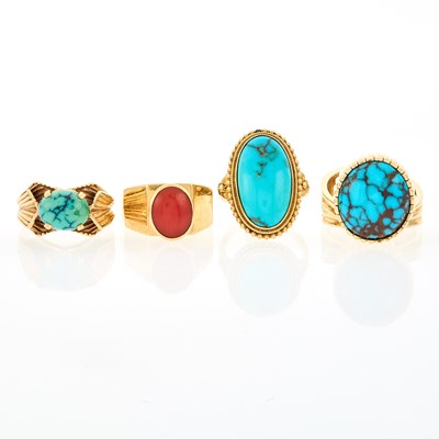 Lot 2228 - Four Gold, Low Karat Gold, Turquoise and Coral Rings
