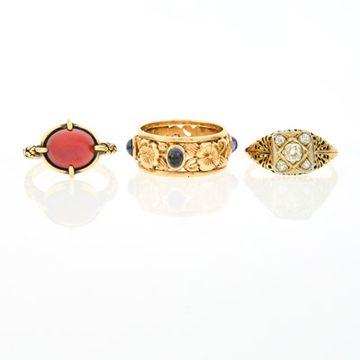 Lot 2104 - Three Gold, Low Karat Gold, Colored Stone and Diamond Rings