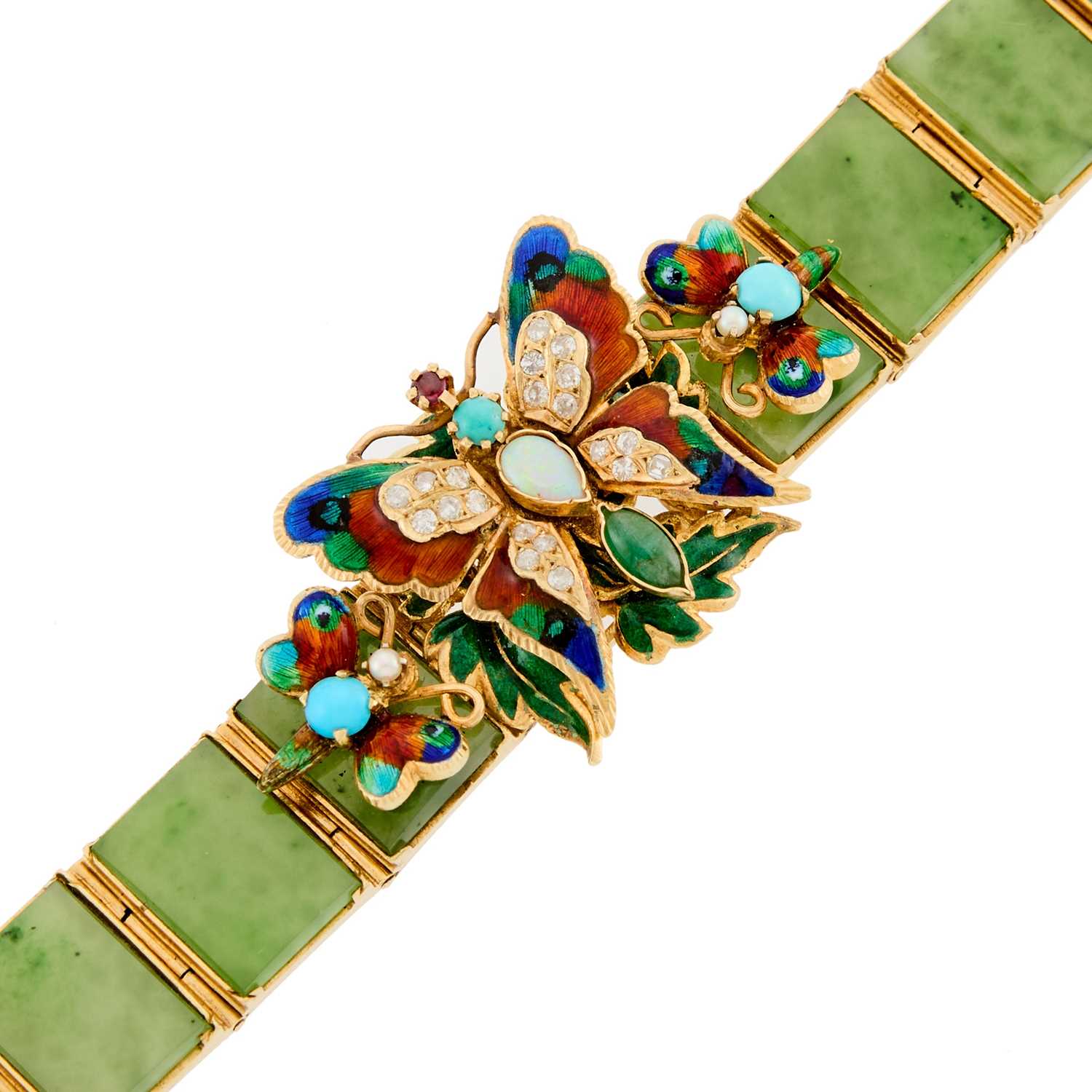 Lot 2220 - Gold, Nephrite, Enamel, Diamond and Gem-Set Butterfly Bracelet