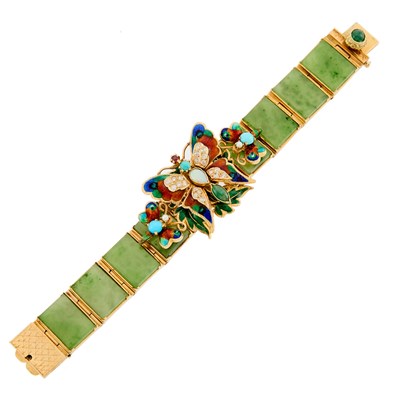 Lot 2220 - Gold, Nephrite, Enamel, Diamond and Gem-Set Butterfly Bracelet