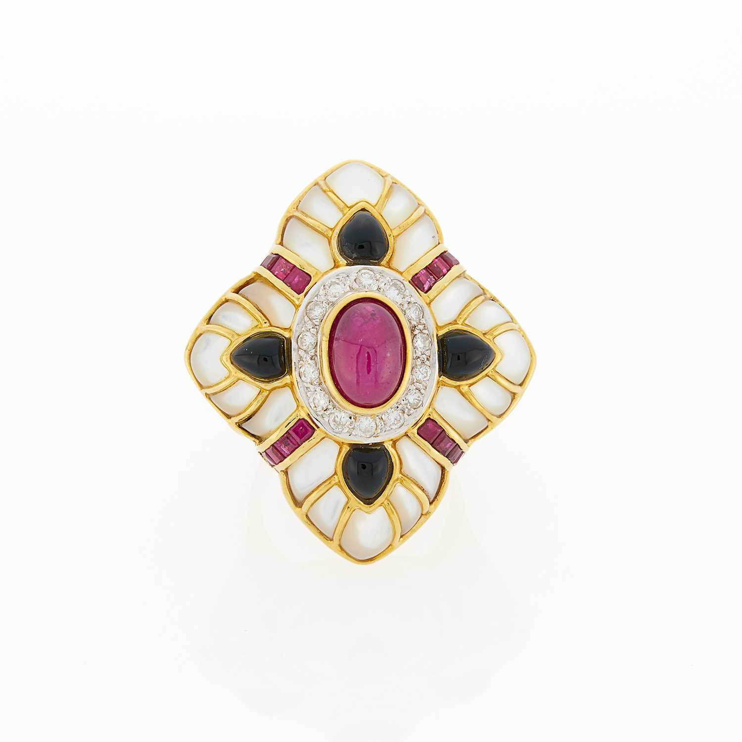 Lot 2339 - Gold, Mother-of-Pearl, Cabochon Ruby, Ruby, Black Onyx and Diamond Ring