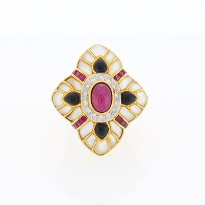 Lot 2339 - Gold, Mother-of-Pearl, Cabochon Ruby, Ruby, Black Onyx and Diamond Ring
