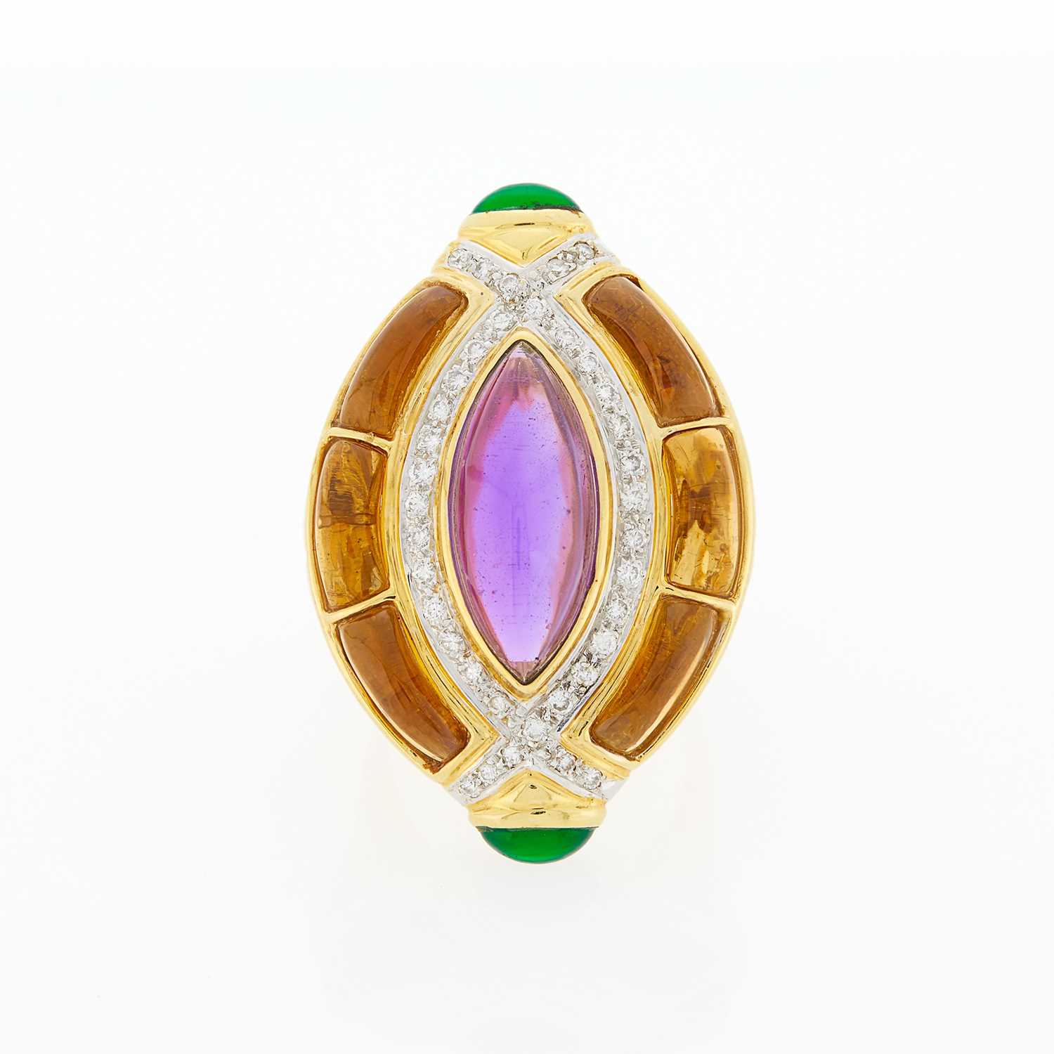 Lot 2328 - Two-Color Gold, Cabochon Amethyst, Citrine, Green Onyx and Diamond Ring