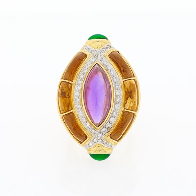 Lot 2328 - Two-Color Gold, Cabochon Amethyst, Citrine, Green Onyx and Diamond Ring