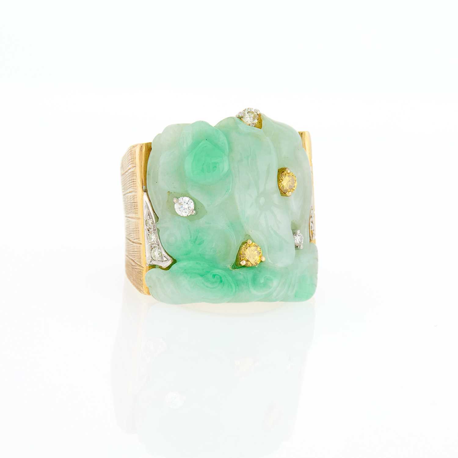 Lot 2318 - Gold, Carved Jade, Colored Diamond and Diamond Ring