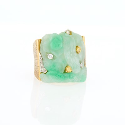 Lot 2318 - Gold, Carved Jade, Colored Diamond and Diamond Ring