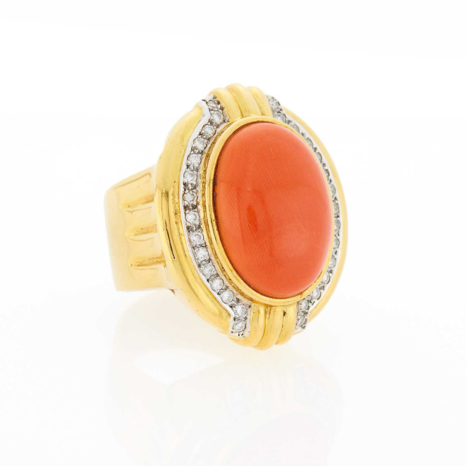 Lot 2342 - Two-Color Gold, Coral and Diamond Ring