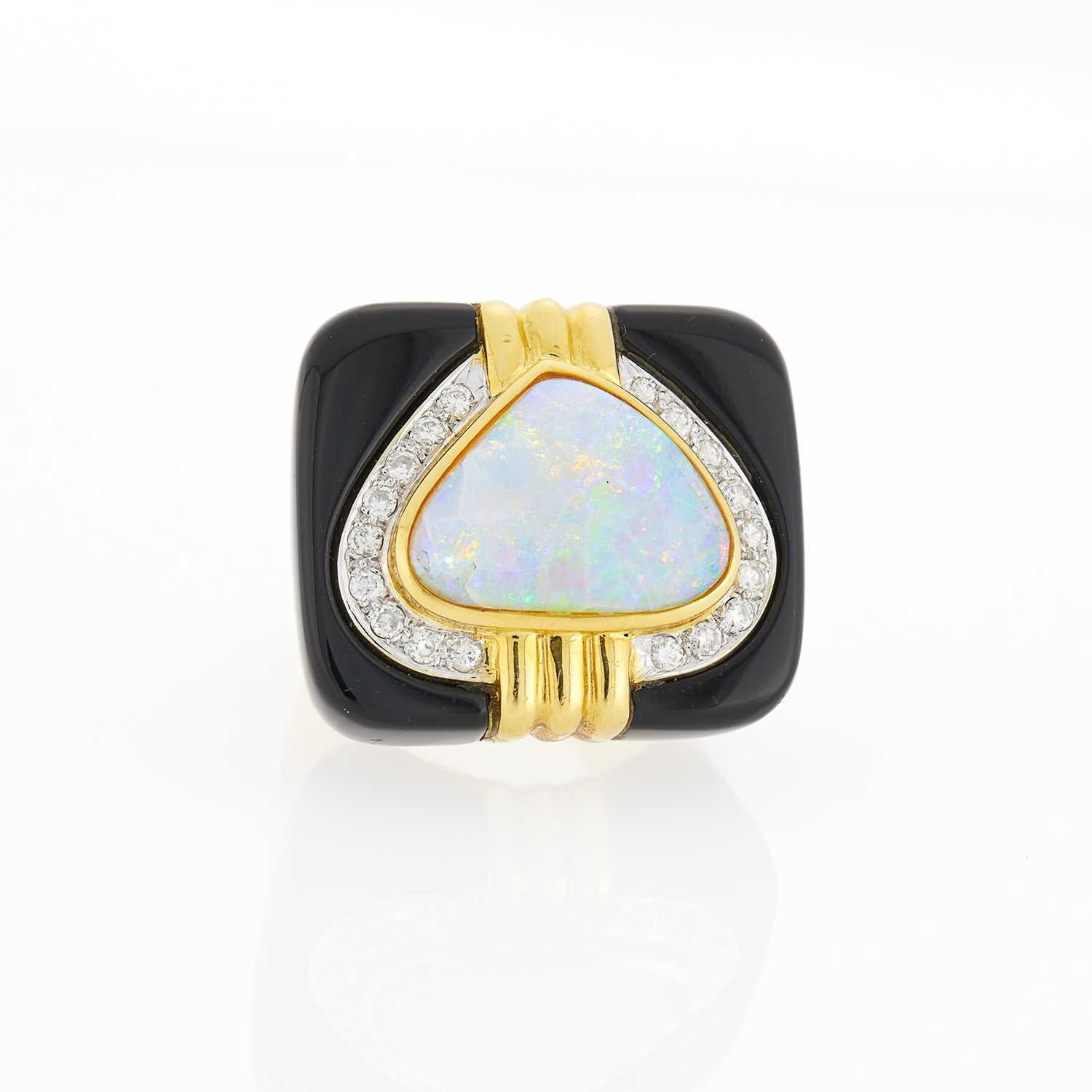 Lot 2332 - Two-Color Gold, White Opal, Diamond and Black Onyx Ring