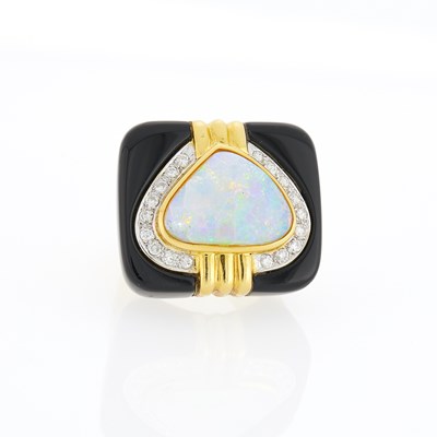 Lot 2332 - Two-Color Gold, White Opal, Diamond and Black Onyx Ring
