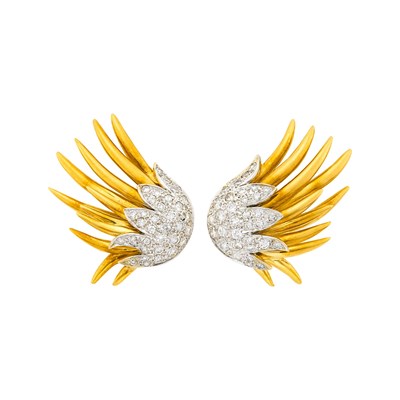 Lot 2001 - Pair of Two-Color Gold and Diamond Spray Earrings
