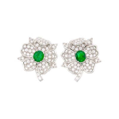 Lot 1083 - Pair of Platinum, Emerald and Diamond Flower Earclips