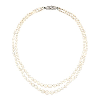 Lot 2125 - Double Strand Cultured Pearl Necklace with Platinum and Diamond Clasp