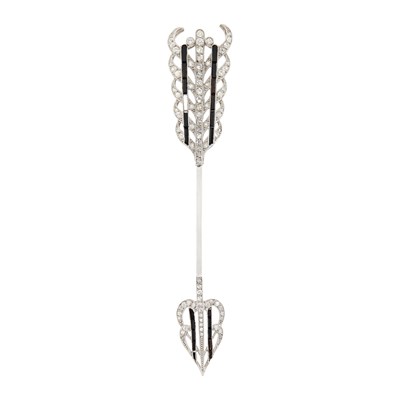 Lot 1072 - Platinum, Diamond and Black Onyx Feather Jabot, France