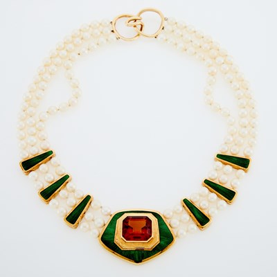 Lot 1190 - Leo De Vroomen Gold, Cultured Pearl, Citrine and Green Enamel Three Strand Necklace