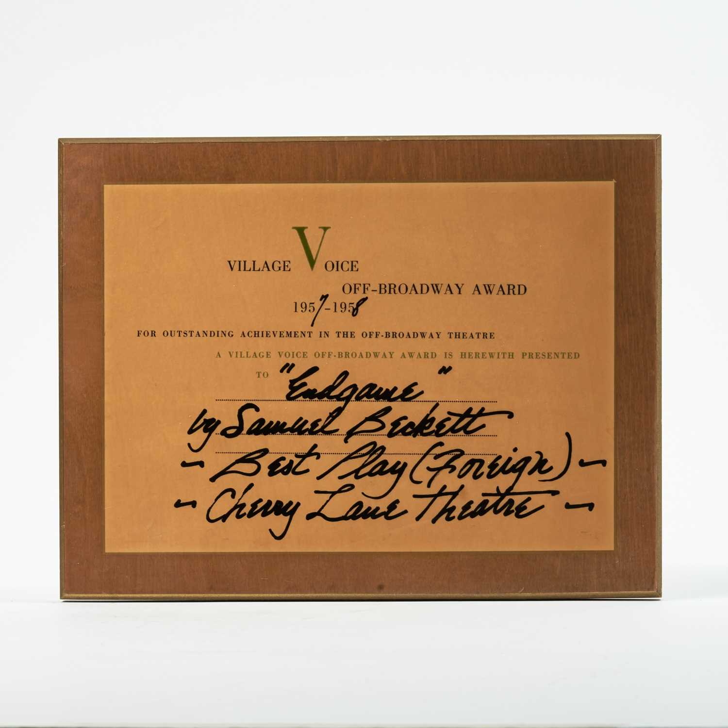 Lot 37 - The Village Voice Off-Broadway Best Foreign Play Award Presented for Samuel Beckett's Endgame