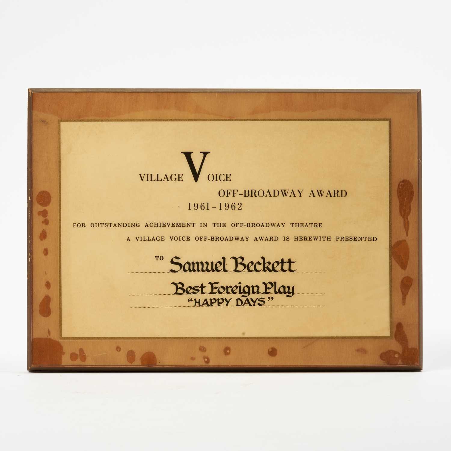Lot 40 - The Village Voice Best Foreign Play Award Presented for Samuel Beckett's Happy Days