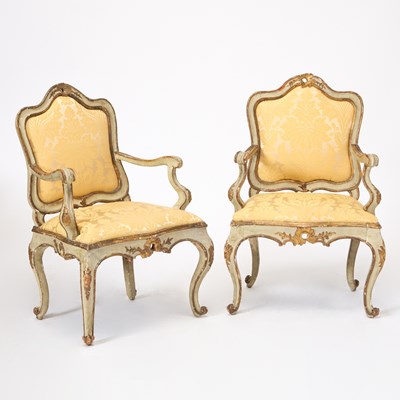 Lot 202 - Pair of Italian Rococo Upholstered Gilt and Painted Armchairs