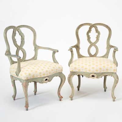 Lot 220 - Pair of Italian Rococo Style Upholstered Painted Armchairs