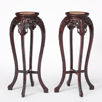 Lot 199 - Pair of Chinese Marble Inset Carved Wood Stands